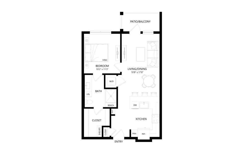 A2 - 1 bedroom floor plan layout with 1 bathroom and 663 square feet