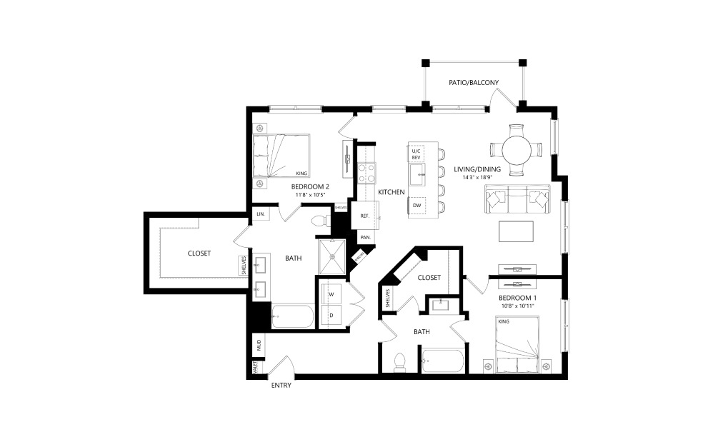 B3.1 - 2 bedroom floor plan layout with 2 bathrooms and 1293 square feet