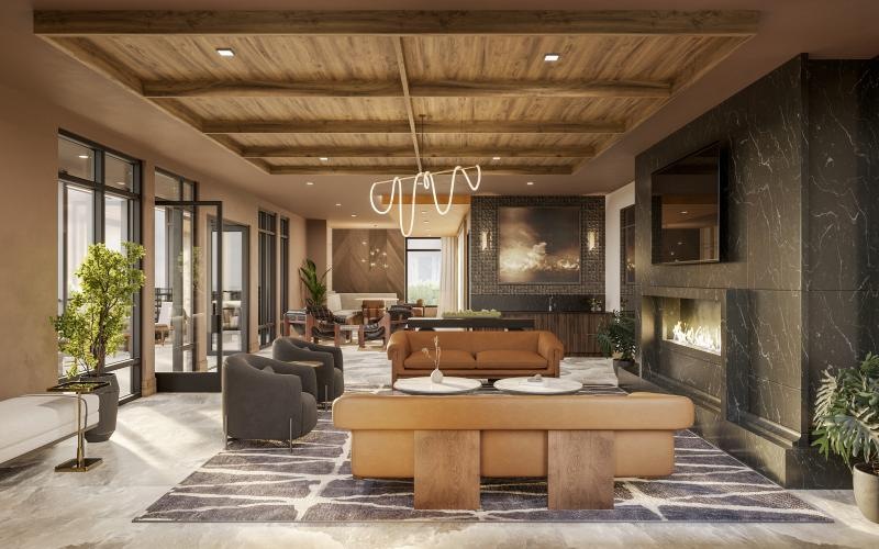 a clubroom with a table and chairs